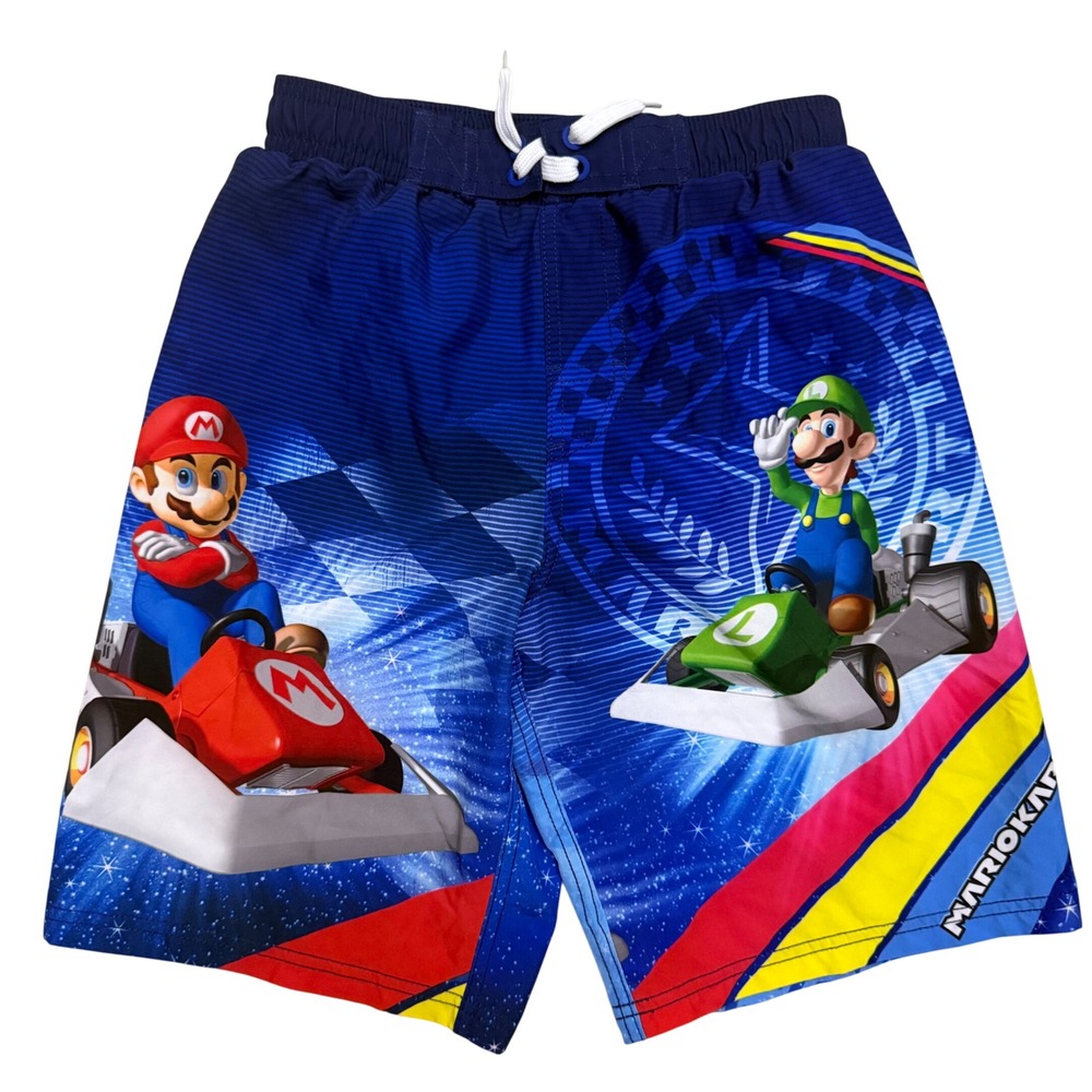 Nintendo Mario Kart Blue Mario Luigi Board Short Swim Trunks Boys Size L 10/12